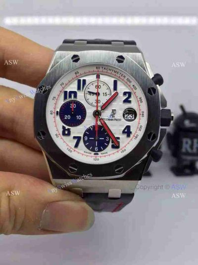 Swiss Audemars Piguet White & Blue Chronograph Black Leather Watch